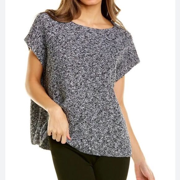 Eileen Fisher White Black Pointelle Linen Blend Bateau Neck Sweater Top Small - Picture 1 of 12